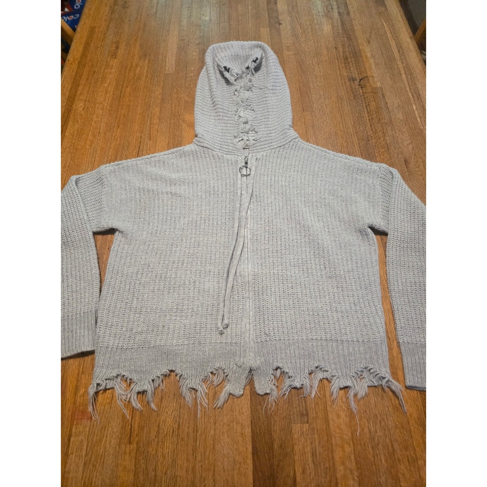 Full Circle‎ Trends Women Large Grey Distressed Raw Zip Up Knit Hoodie Sweater